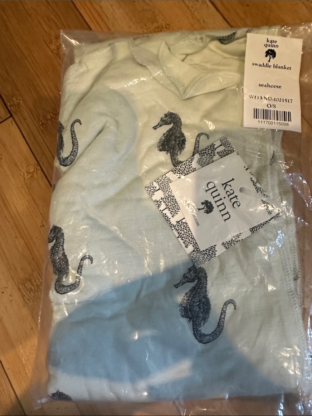 kate quinn Light Mint Swaddle Blanket with Navy Seahorse Print